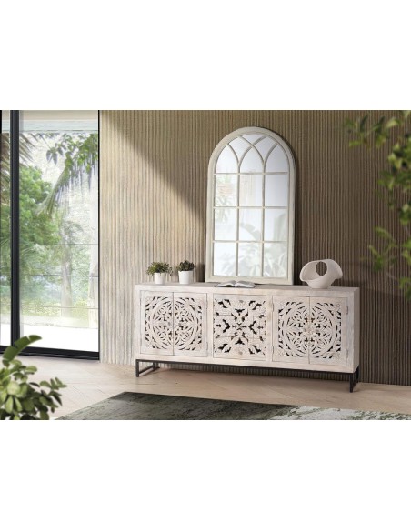 Aparador Giner y Colomer en Madera de Mango Tallada y Metal – 2 Puertas y 3 Cajones