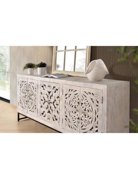 Aparador Giner y Colomer en Madera de Mango Tallada y Metal – 2 Puertas y 3 Cajones