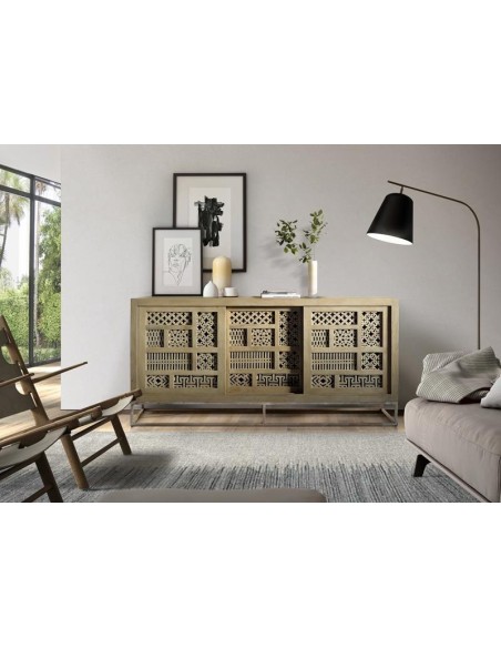 Aparador 3 Puertas Correderas Mango Natural con Base de Metal – Giner y Colomer Ref. 1205