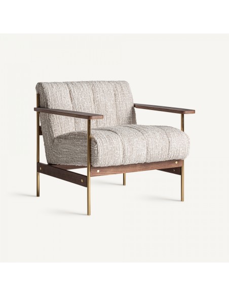 Sillón Habouey en Poliéster Verde con Madera de Pino Marrón y Detalles en Acero Dorado – Estilo Contemporáneo y Elegante