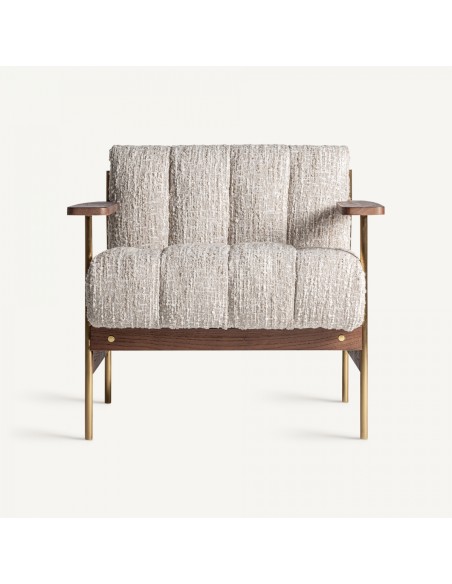 Sillón Habouey en Poliéster Verde con Madera de Pino Marrón y Detalles en Acero Dorado – Estilo Contemporáneo y Elegante