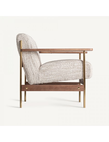 Sillón Habouey en Poliéster Verde con Madera de Pino Marrón y Detalles en Acero Dorado – Estilo Contemporáneo y Elegante