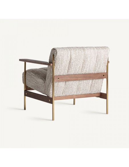 Sillón Habouey en Poliéster Verde con Madera de Pino Marrón y Detalles en Acero Dorado – Estilo Contemporáneo y Elegante