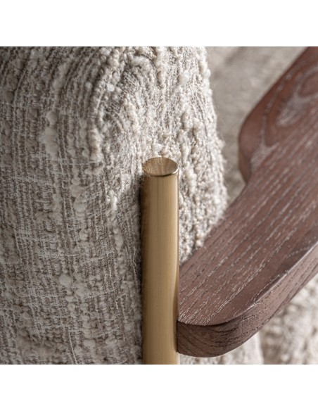 Sillón Habouey en Poliéster Verde con Madera de Pino Marrón y Detalles en Acero Dorado – Estilo Contemporáneo y Elegante