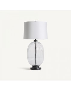 Lámpara de sobremesa clásica de vidrio transparente, hierro negro y pantalla de lino blanco – VICAL