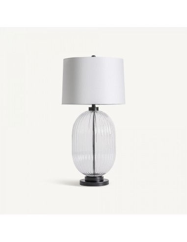 Lámpara de sobremesa clásica de vidrio transparente, hierro negro y pantalla de lino blanco – VICAL