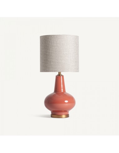 Lámpara de sobremesa contemporánea de vidrio terracota con pantalla de lino beige y estructura de hierro cobre – VICAL