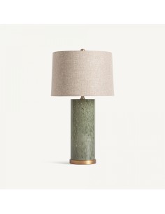 Lámpara de sobremesa contemporánea de vidrio en tonos verdes con pantalla de lino beige y estructura de hierro dorado – VICAL