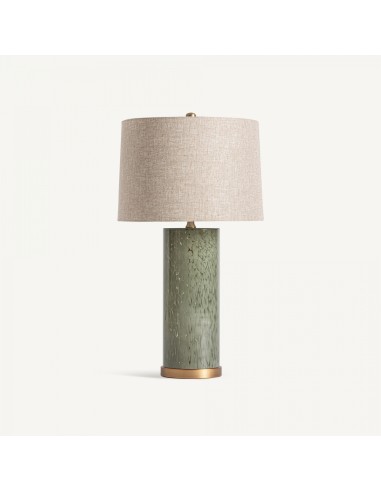 Lámpara de sobremesa contemporánea de vidrio en tonos verdes con pantalla de lino beige y estructura de hierro dorado – VICAL