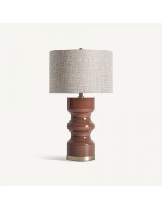 Lámpara de sobremesa contemporánea de vidrio marrón con pantalla de lino beige y estructura de hierro dorado – VICAL