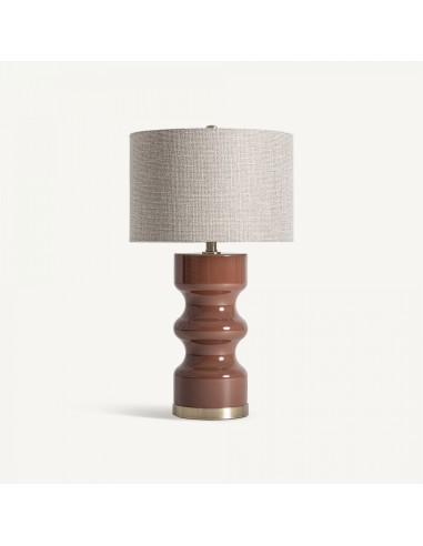 Lámpara de sobremesa contemporánea de vidrio marrón con pantalla de lino beige y estructura de hierro dorado – VICAL
