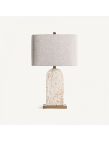 Lámpara de sobremesa art déco de travertino marfil con pantalla de lino blanco roto y estructura de hierro dorado – VICAL
