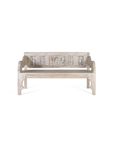 Banco de madera de mango reciclada blanco envejecido de Giner y Colomer, diseño rústico artesanal disponible en Luba Hogar