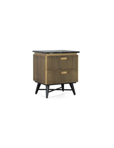 Mesita de noche con mármol negro y madera de mango, diseño en bronce de Giner y Colomer disponible en Luba Hogar