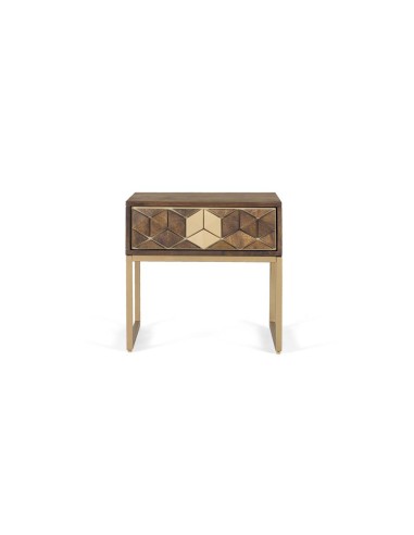 Mesita de noche en madera de mango nogal con base metálica dorada, diseño exclusivo de Giner y Colomer disponible en Luba Hogar