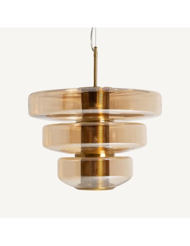 Lámpara colgante de cristal ámbar y hierro dorado de Vical Home – Elegancia luminosa disponible en Luba Hogar.