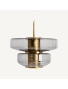 Lámpara de colgar Gala de Vical Home en cristal gris traslúcido y hierro dorado. Diseño art déco con elegancia y sofisticación.