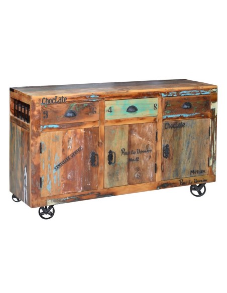 Aparador Verrier de Madera Reciclada con Ruedas y 3 Cajones – Giner y Colomer
