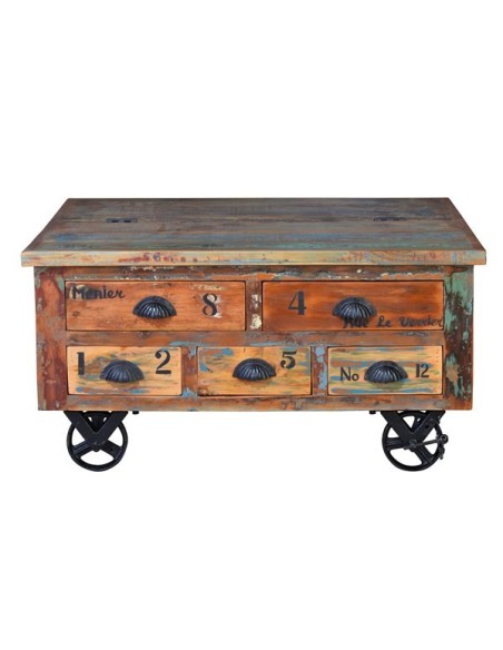 Mesa de Centro Verrier en Madera Reciclada con Cajones y Ruedas – Giner y Colomer