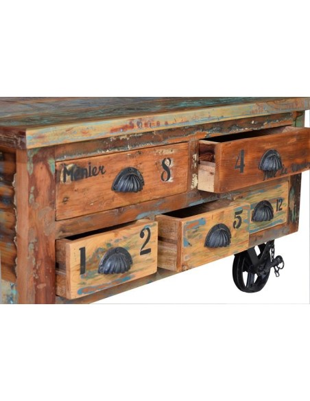 Mesa de Centro Verrier en Madera Reciclada con Cajones y Ruedas – Giner y Colomer