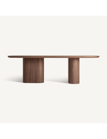 Mesa de comedor Aciera de estilo contemporáneo, fabricada en madera DM con chapa de nogal en color marrón. Producto desmontable.