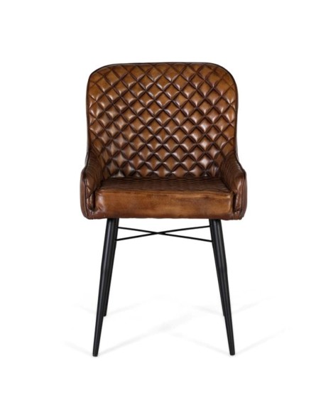 Silla de Piel Marrón Envejecido Giner y Colomer – Diseño Capitoné y Estructura Metálica