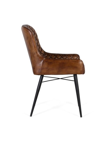 Silla de Piel Marrón Envejecido Giner y Colomer – Diseño Capitoné y Estructura Metálica