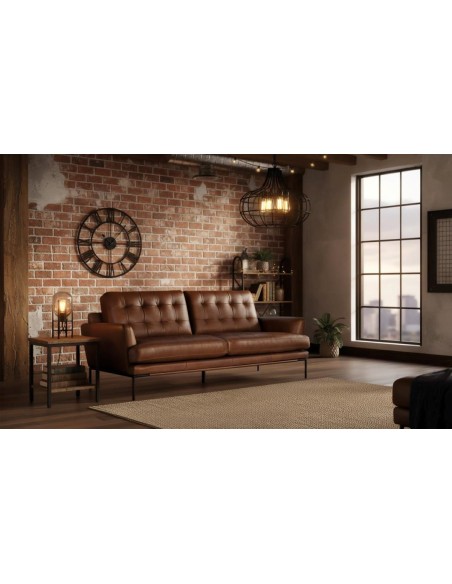 Sofá 3 Plazas de Piel Marrón Giner y Colomer – Diseño Capitonné y Estilo Vintage