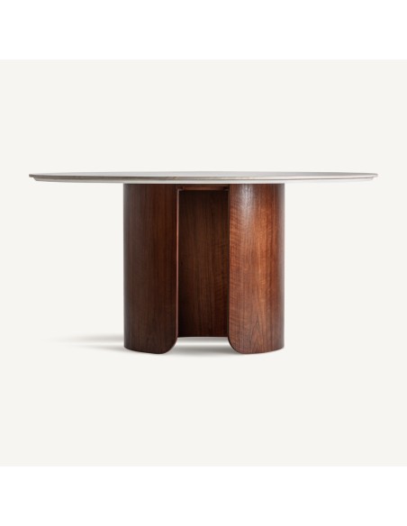 Mesa de Comedor Lherm Vical Home – Porcelánico Blanco y Madera Marrón de Estilo Contemporáneo