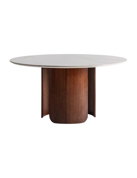Mesa de Comedor Lherm Vical Home – Porcelánico Blanco y Madera Marrón de Estilo Contemporáneo