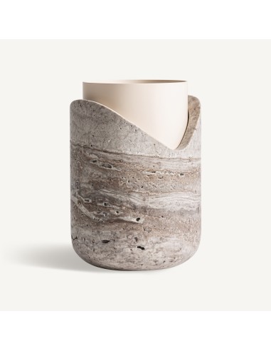 Jarrón Art Deco de Mármol Beige y Acero Dorado...