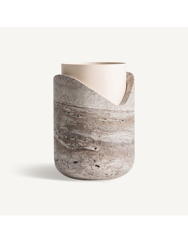 Jarrón Art Déco de Mármol Beige y Acero Dorado...