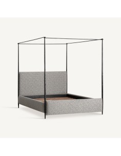 Cama de Hierro Negra con Tapizado de Algodón Beige |... 2