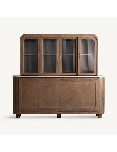 Mueble bar VICAL Home en roble con mármol blanco y cristal – Conjunto 2 piezas