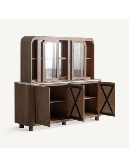 Mueble bar VICAL Home en roble con mármol blanco y cristal – Conjunto 2 piezas