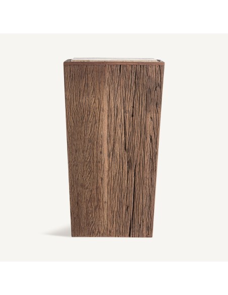 Peana Merkem VICAL Home en madera recuperada y travertino beige, ideal para esculturas y decoración